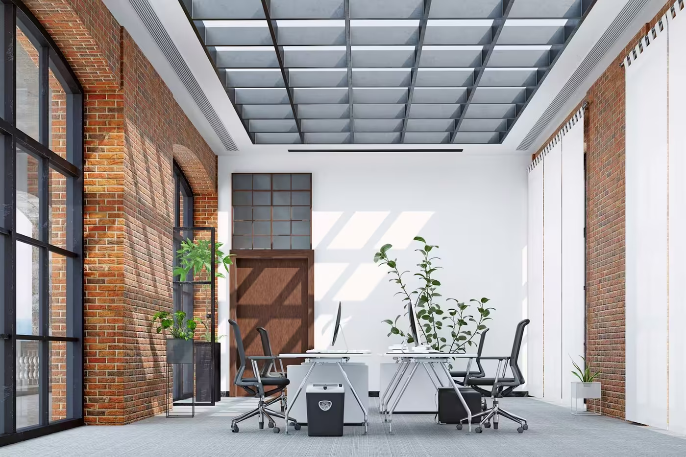 Modern open office interior designed for quiet, focused work and balanced acoustic comfort 