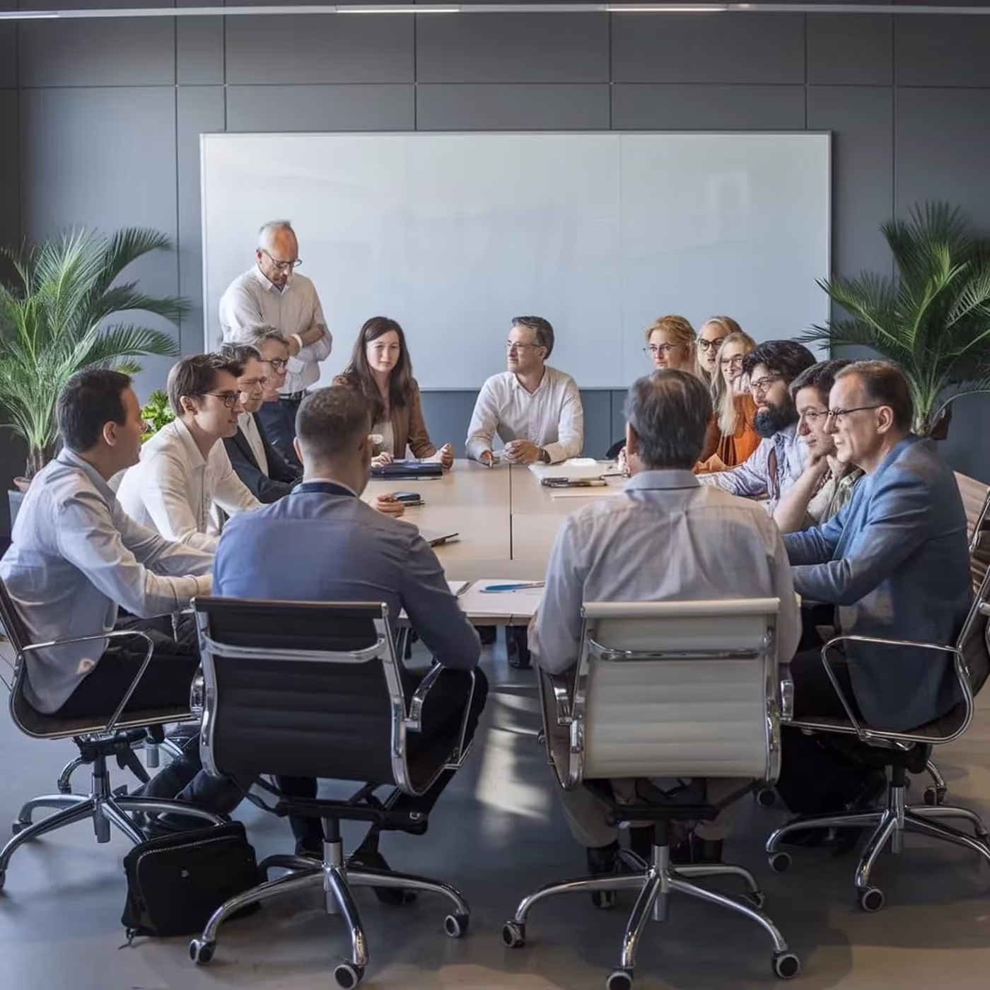 Diverse business team engaged in a meeting around a conference table with a whiteboard and plants in the background.