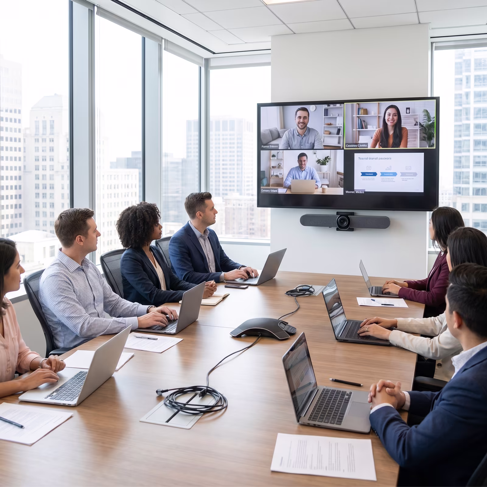 Team in a conference room joining a hybrid meeting with remote participants on screen