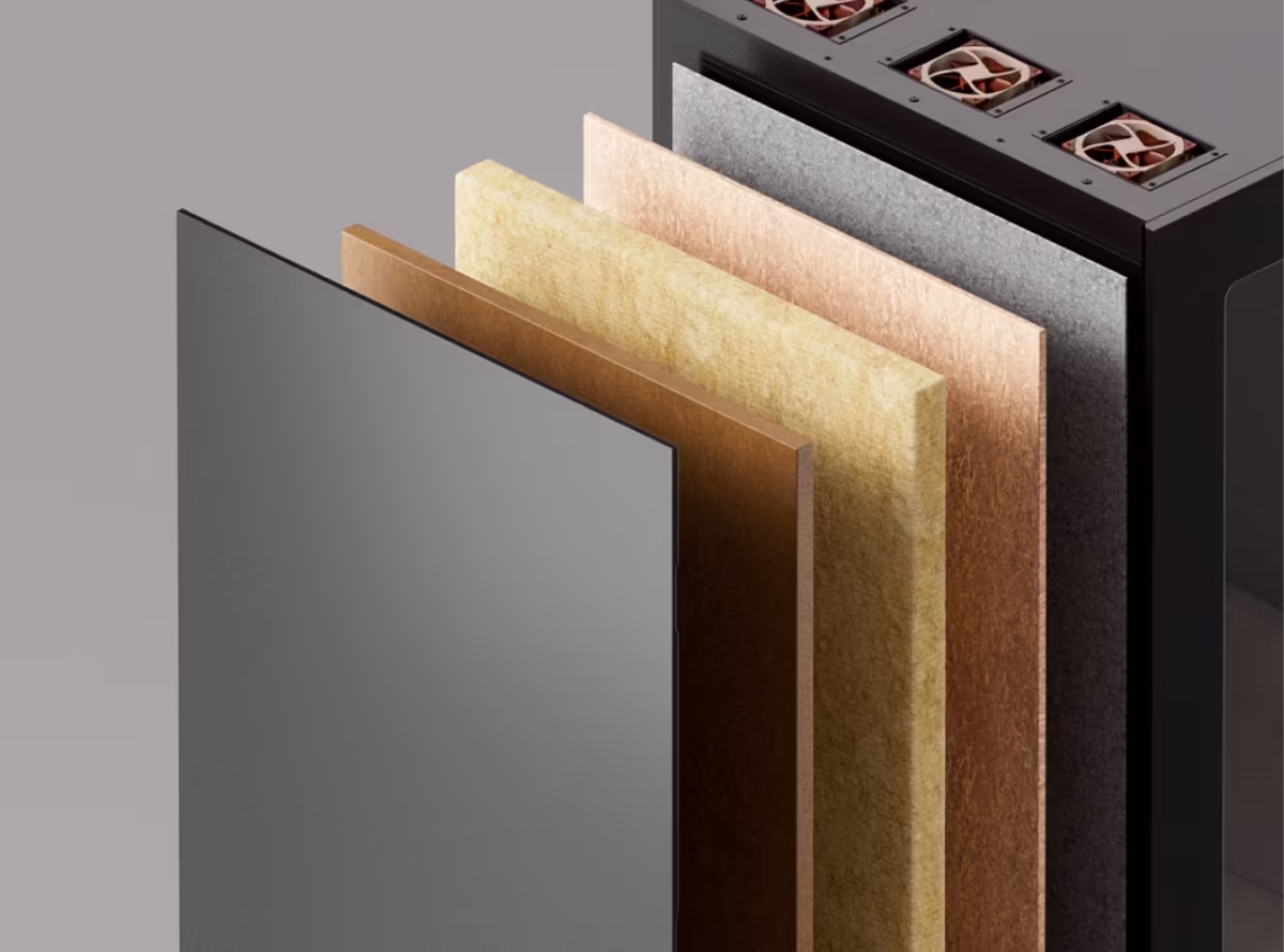 Multi-layer wall construction used in a soundproof office booth