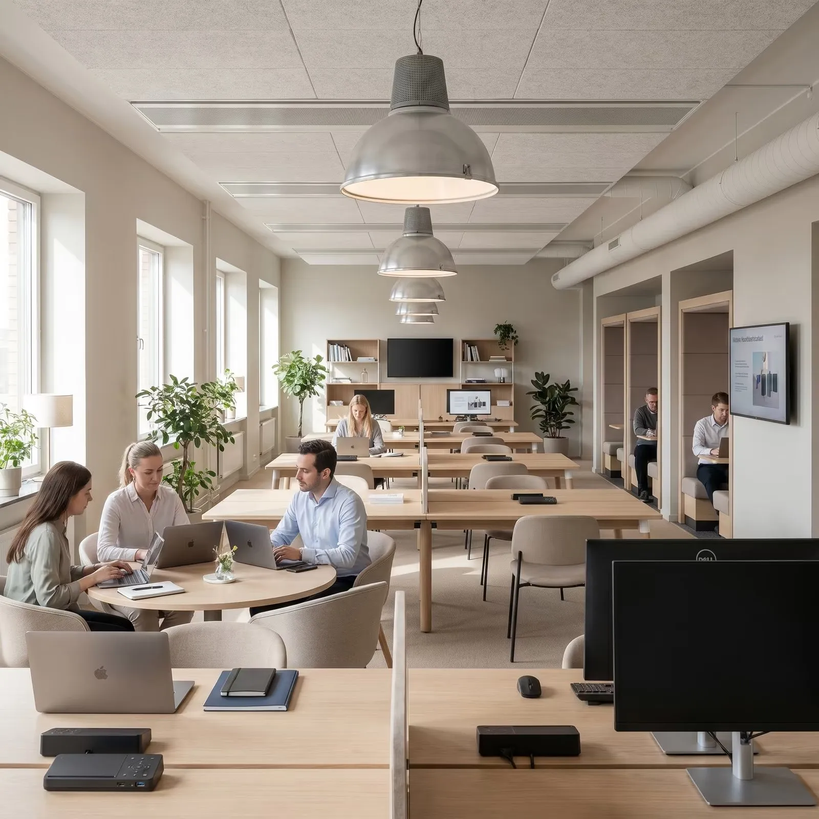 Open hybrid office with employees collaborating at a shared table and working individually at desks and quiet work areas