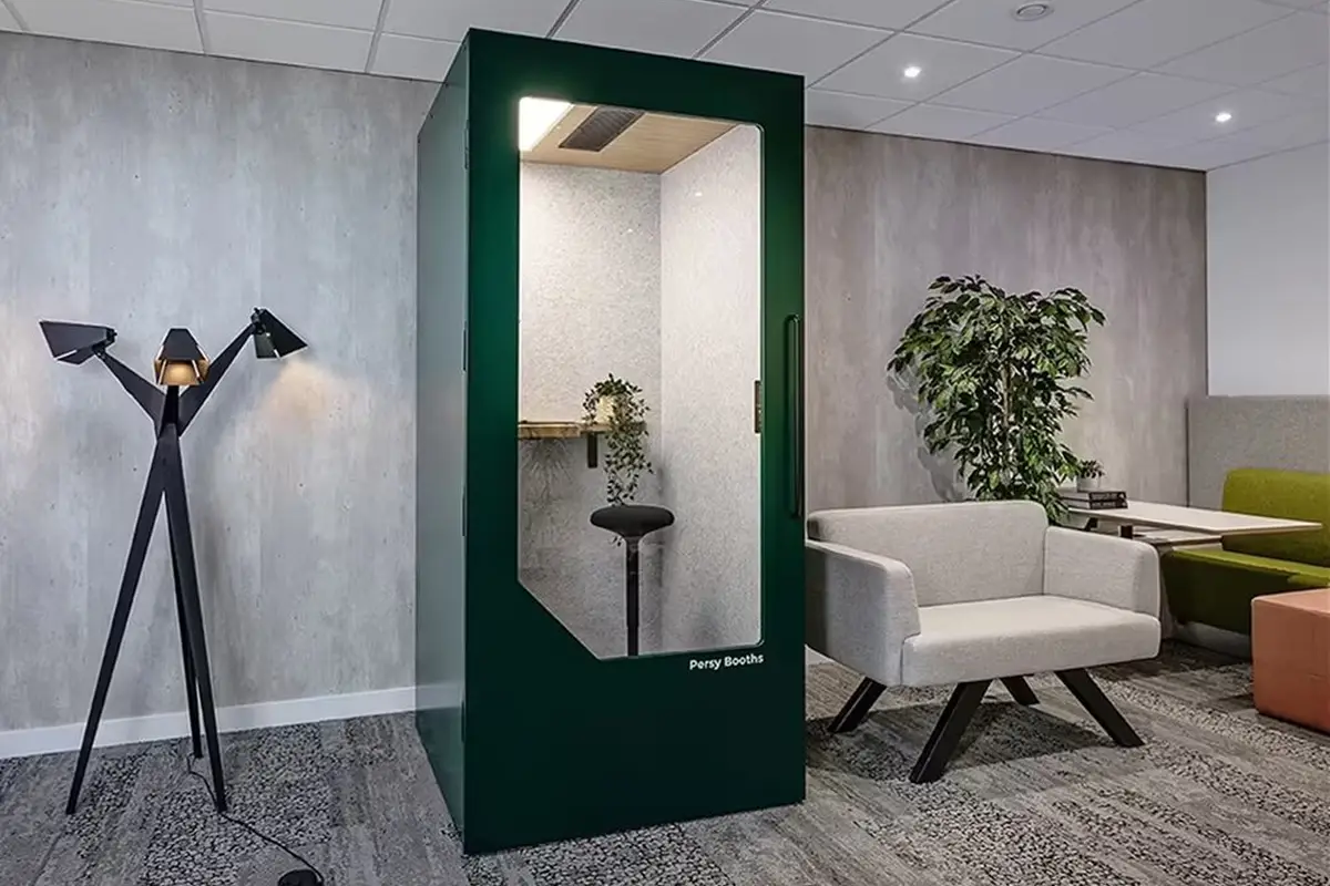 Green Persy Booths office pod in a modern open plan workspace