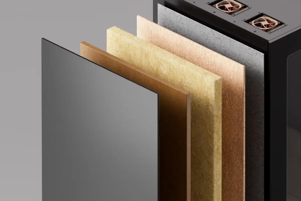 Layered acoustic insulation materials inside an office pod wall panel