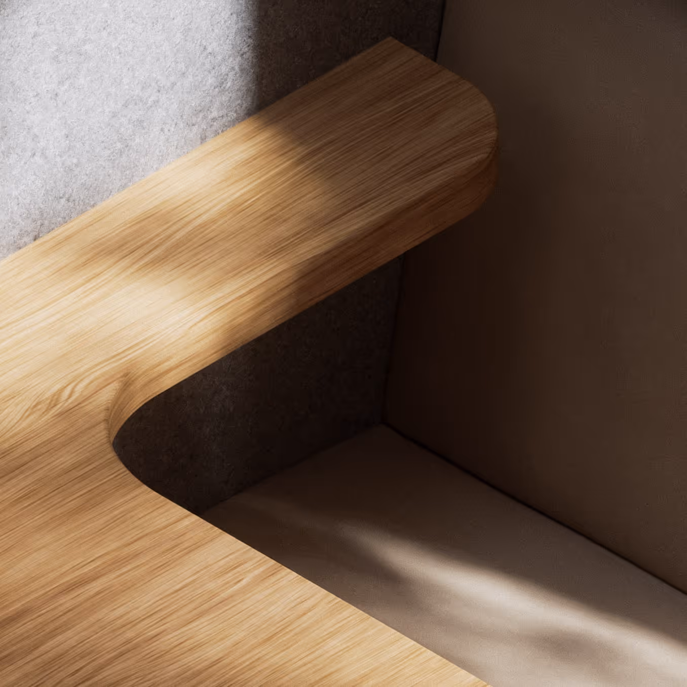Close-up of Persy Booth interior detail made from natural wood and sustainable materials sourced from vetted EU suppliers