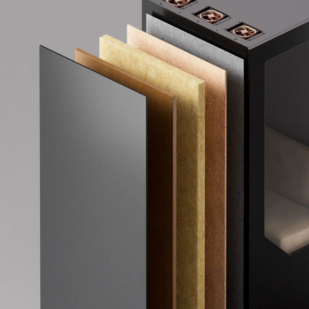 Cutaway view of Persy Booth materials showing layered acoustic panels and durable construction designed for longevity and easy maintenance
