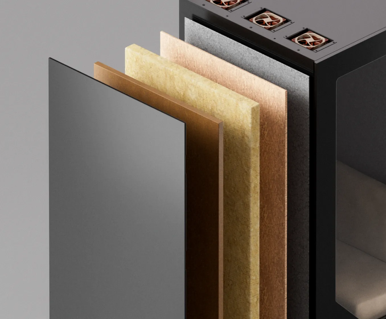 Cross-section of Persy soundproof office booth wall showing multi-layer acoustic insulation achieving -28 dB speech reduction, ISO-certified for professional workspace noise control.