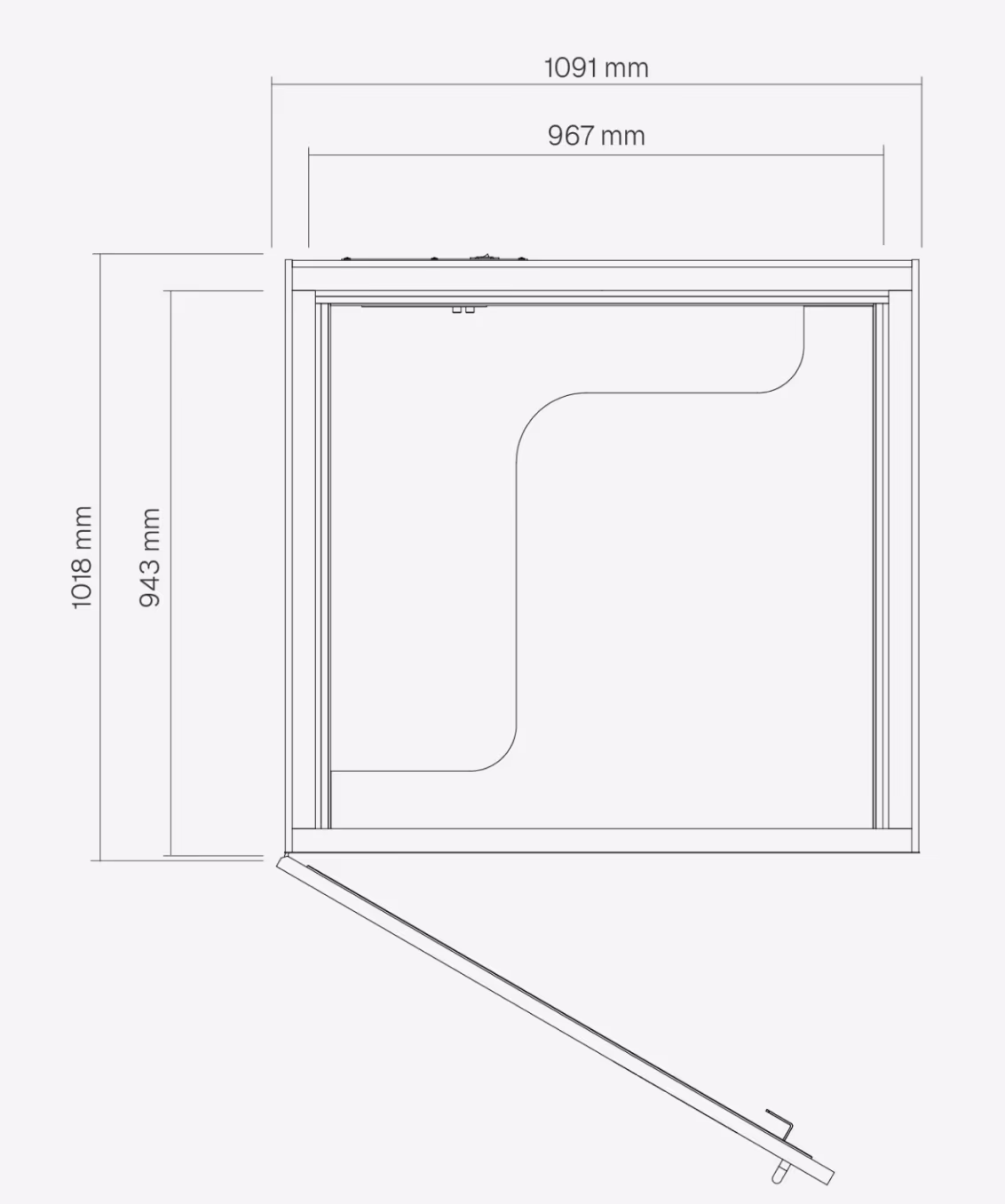 Technical drawing showing Persy Booth dimensions and door clearance