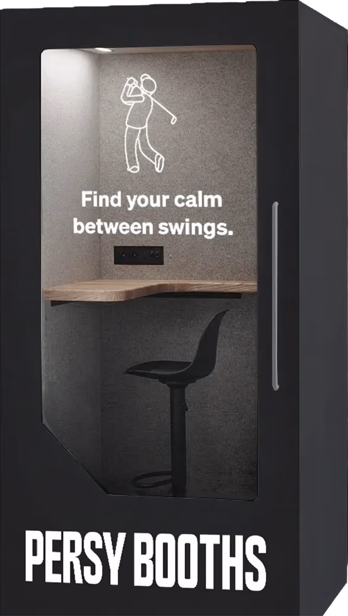 Modern black and gray privacy booth with a wooden desk, black chair, and illuminated golf swing graphic with text 'Find your calm between swings.'