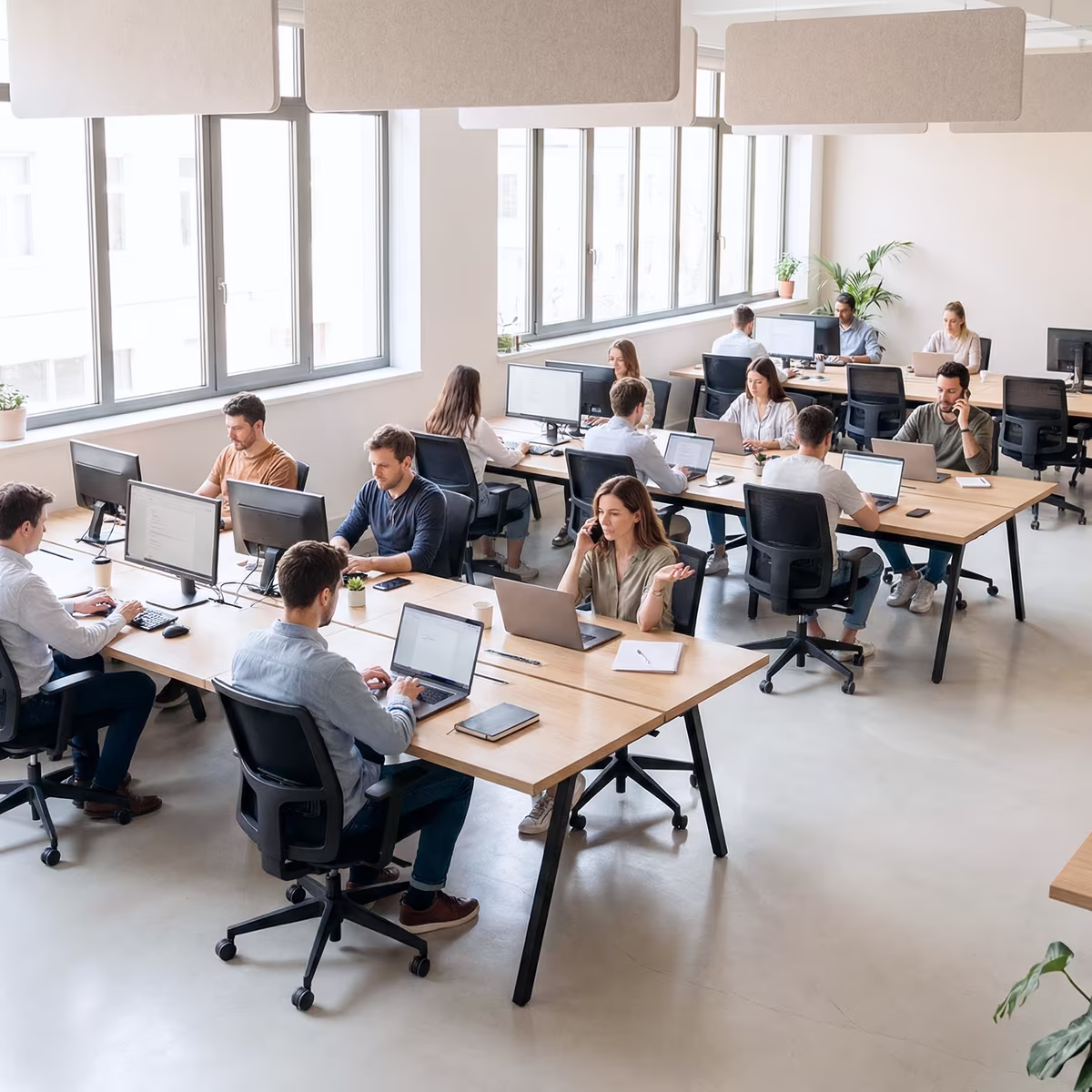 Employees working and taking calls in a busy open-plan office with shared desks