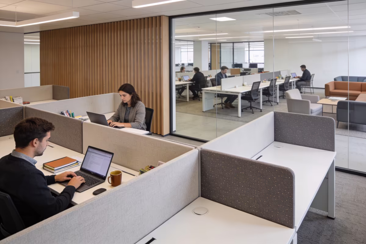 Office layout with quiet focus workstations separated from open collaborative workspace using partitions