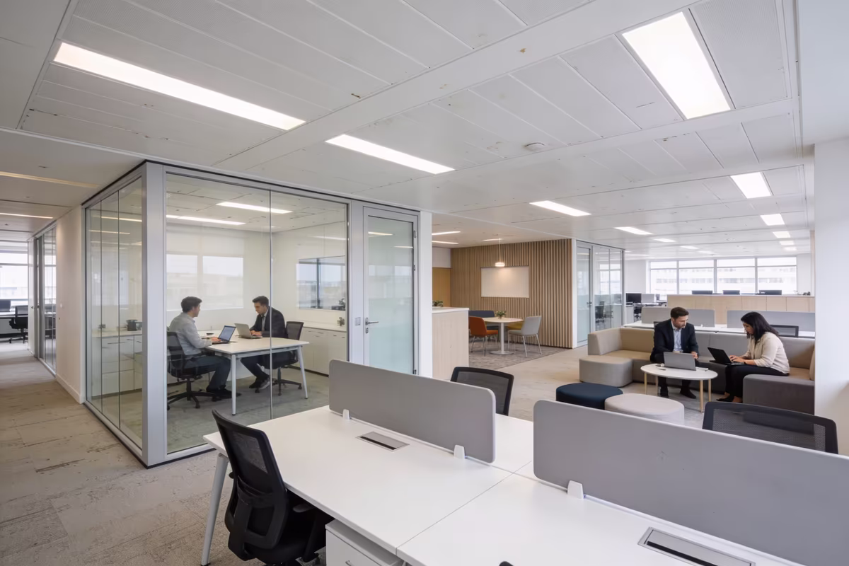 Finished office workspace with meeting rooms, desks and collaborative areas in use