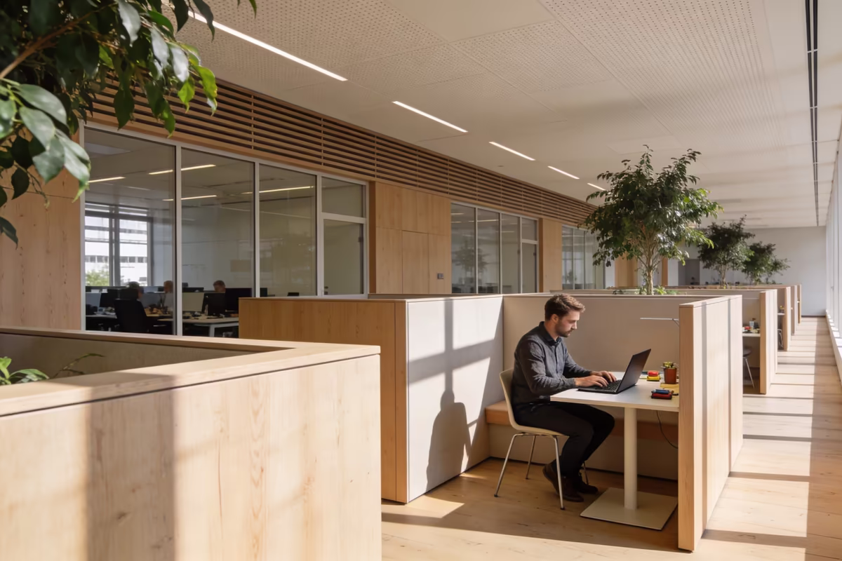 Person working in a quiet office focus area designed to minimise distractions