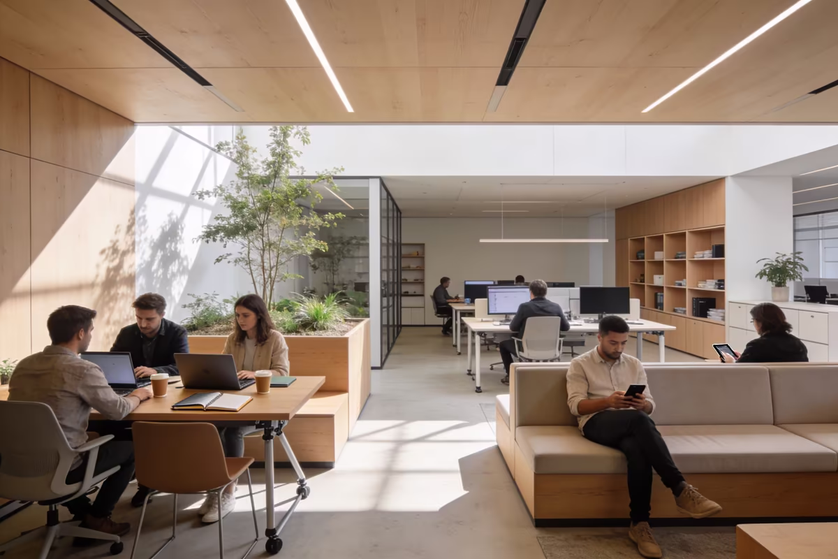 Modern office layout with distinct zones for collaboration and focused work