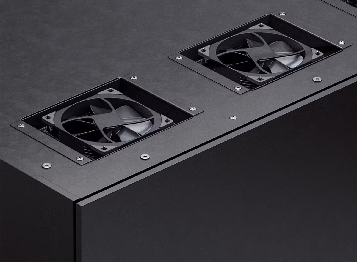 Close-up of three silent ventilation fans mounted on top of a Persy booth