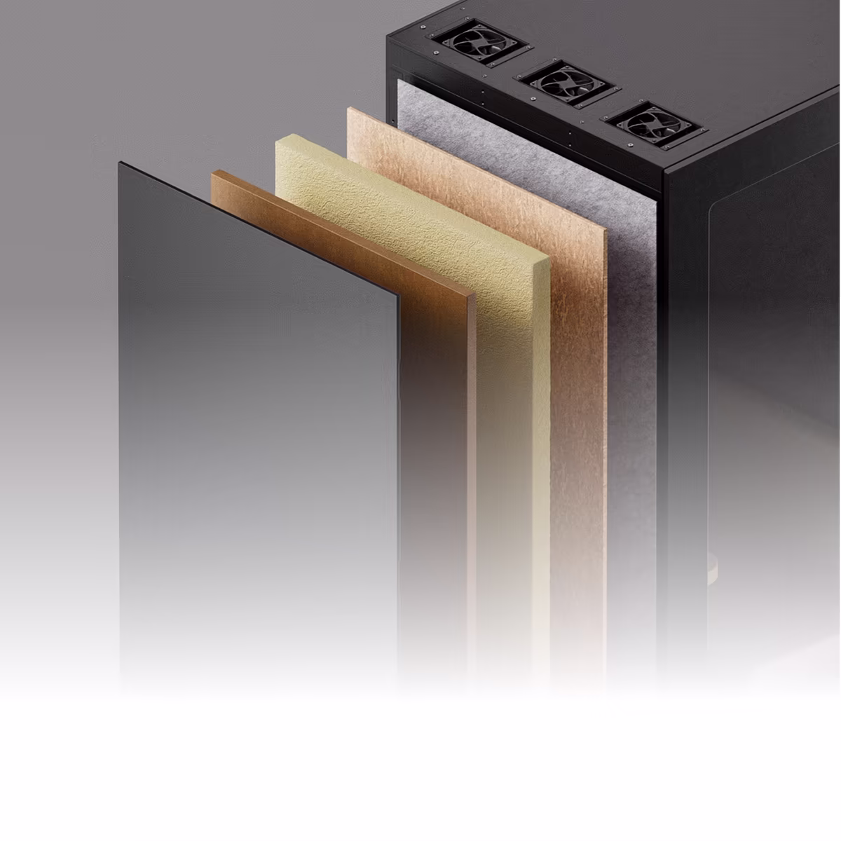 Exploded view of Persy booth acoustic layers with sound waveform comparison showing noise reduction