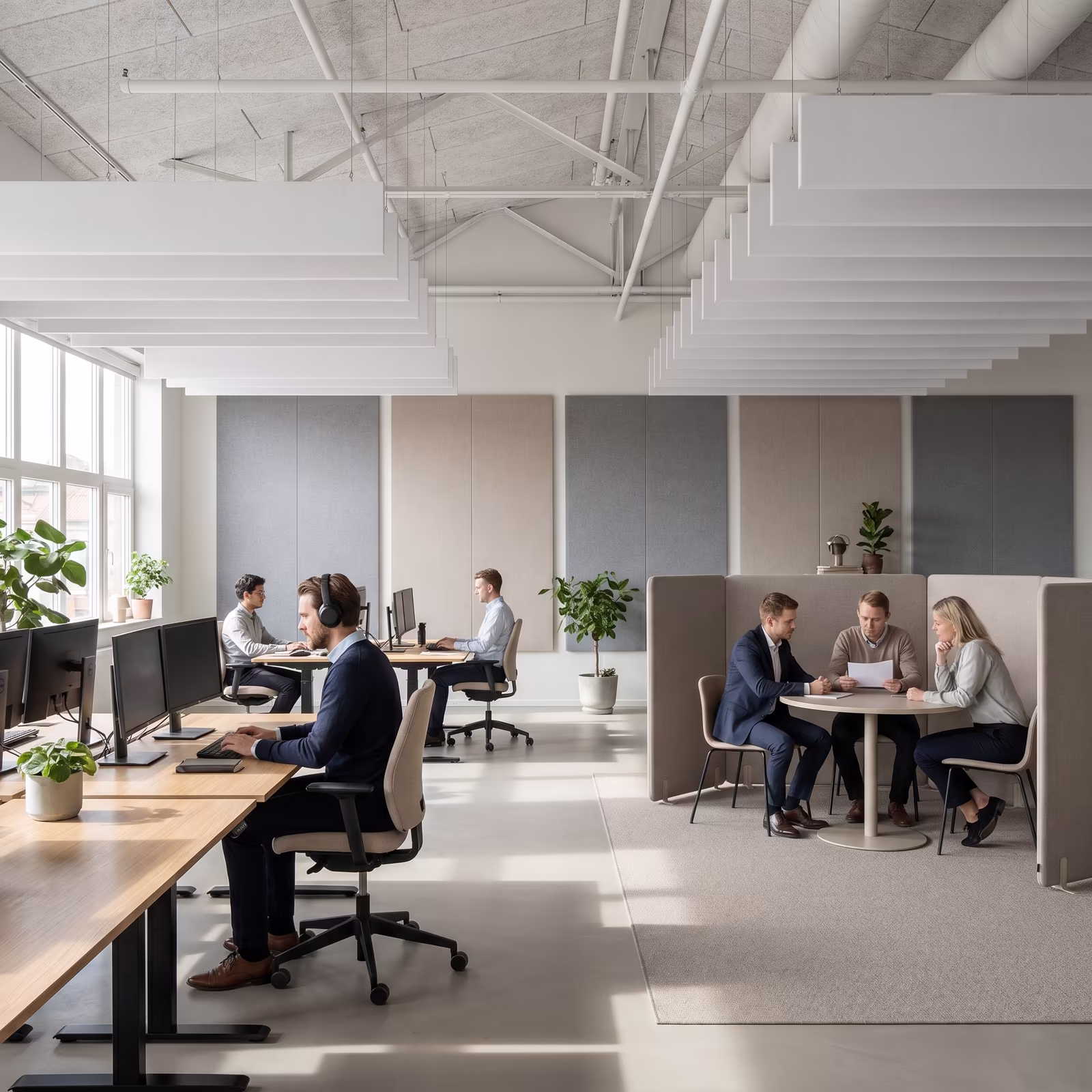 Open-plan office with acoustic ceiling treatments and quiet collaborative work areas