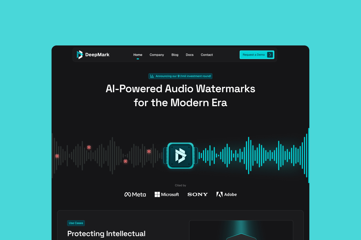 DeepMark website homepage with AI-powered audio watermarking theme and logos of Meta, Microsoft, Sony, Adobe.