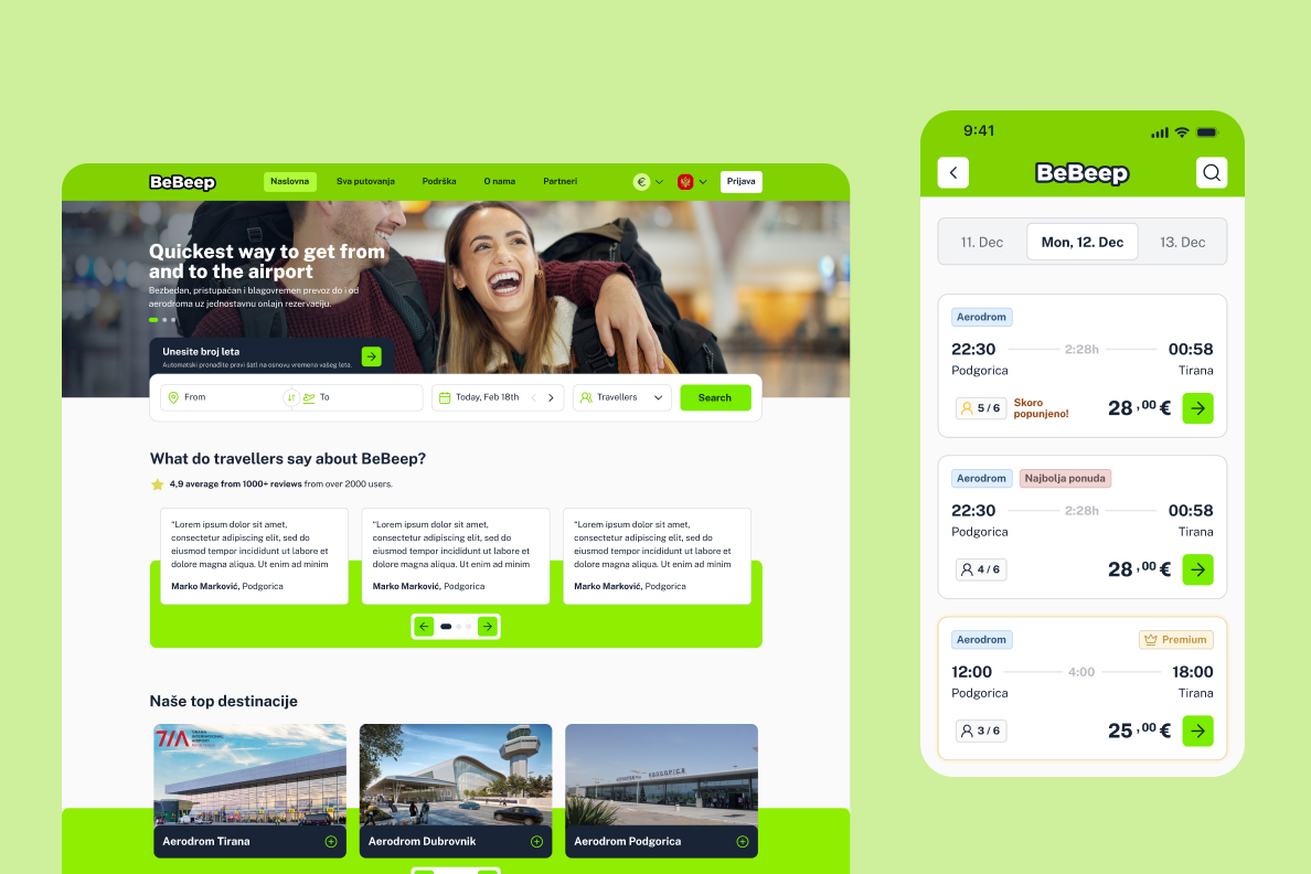 Website and mobile app interface for BeBeep showing airport transfer booking with prices and reviews.