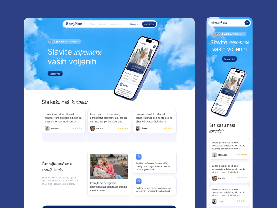 Website homepage showing a blue sky header with a phone and text celebrating memories of loved ones.