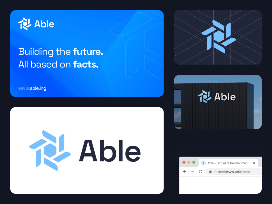 Multiple displays of Able branding including logo, tagline, website, and app icon on various backgrounds.