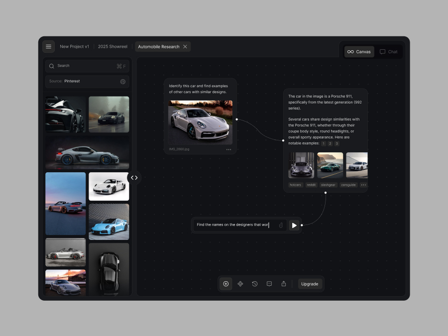 Digital workspace showing research on Porsche 911 with images, notes, and a search panel featuring car photos.