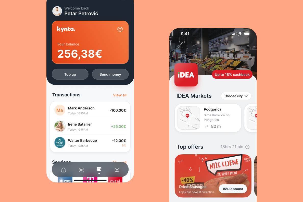 Mobile app screens showing user balance, recent transactions, store location, and discount offers.