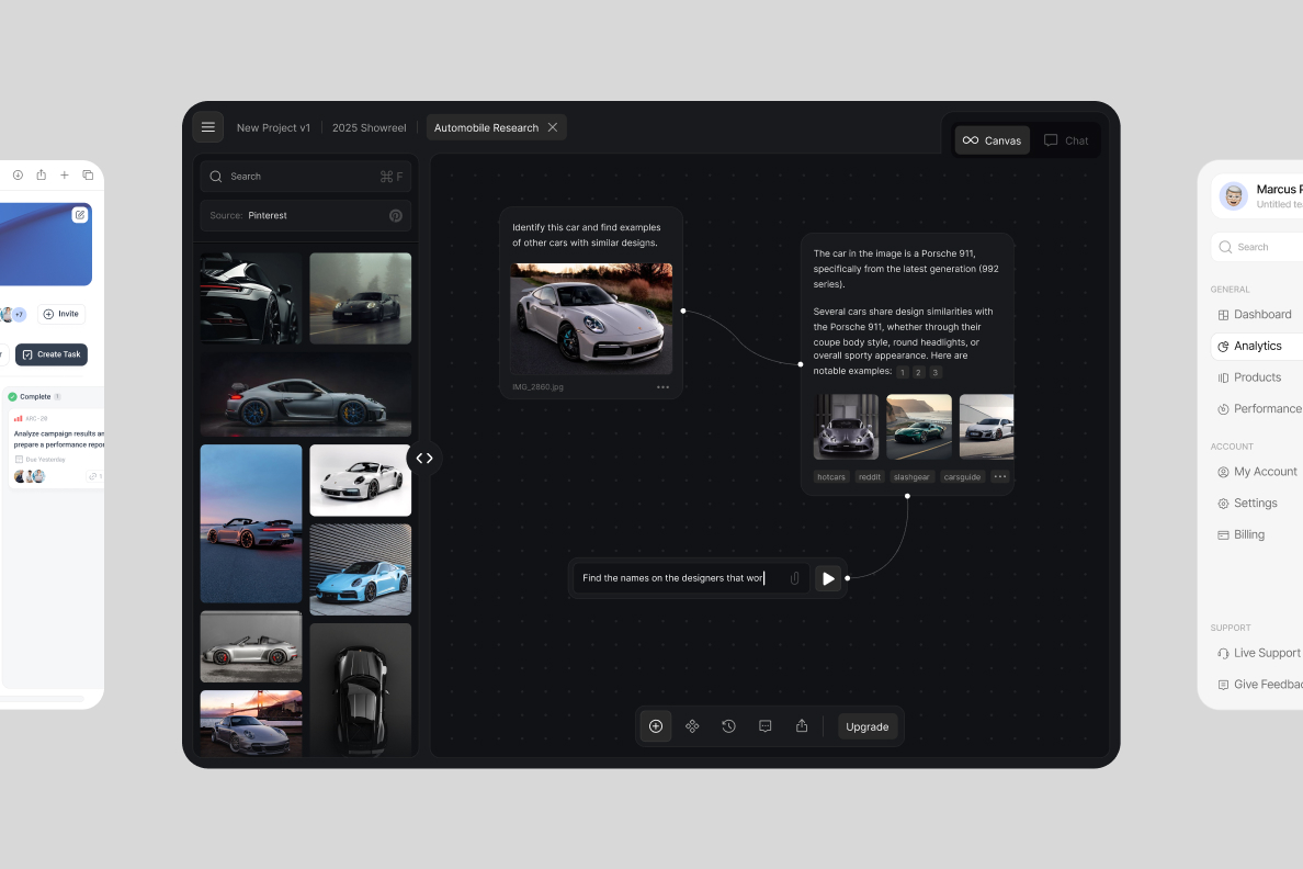 Dark mode research app interface showing Porsche 911 images and design notes on a dotted canvas.