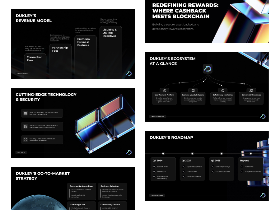 Slides showing Dukley's revenue model, blockchain rewards, ecosystem overview, tech, roadmap, and go-to-market strategy.