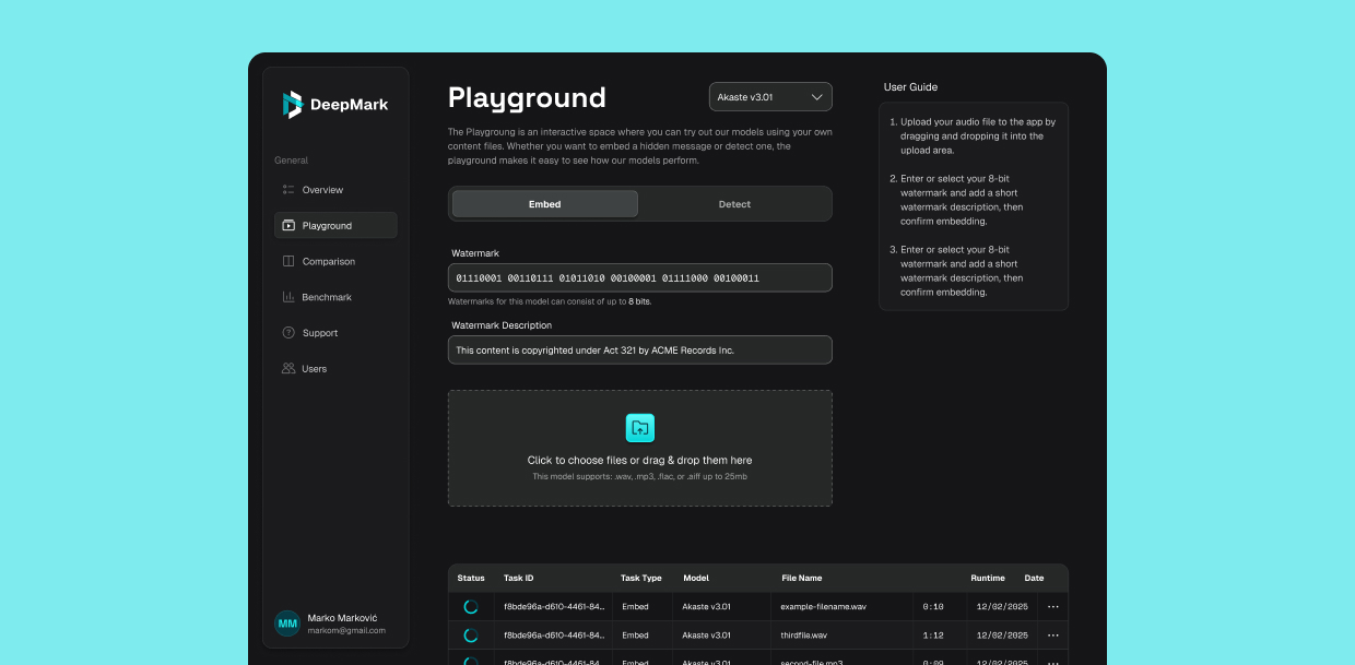 DeepMark Playground interface for embedding and detecting audio watermarks with task list and user guide.