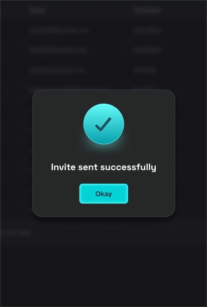 Popup with a checkmark icon and message 'Invite sent successfully' with an Okay button.