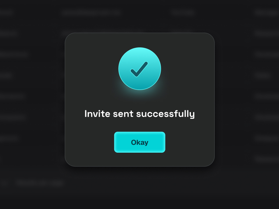 Confirmation dialog with checkmark and message 'Invite sent successfully' and an Okay button.