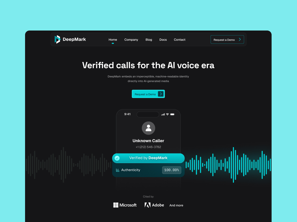 DeepMark website homepage showing AI call verification with a phone screen and authenticity score.