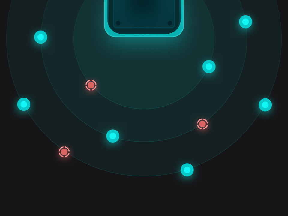Dark radar screen with glowing turquoise and red circular blips arranged in concentric arcs.
