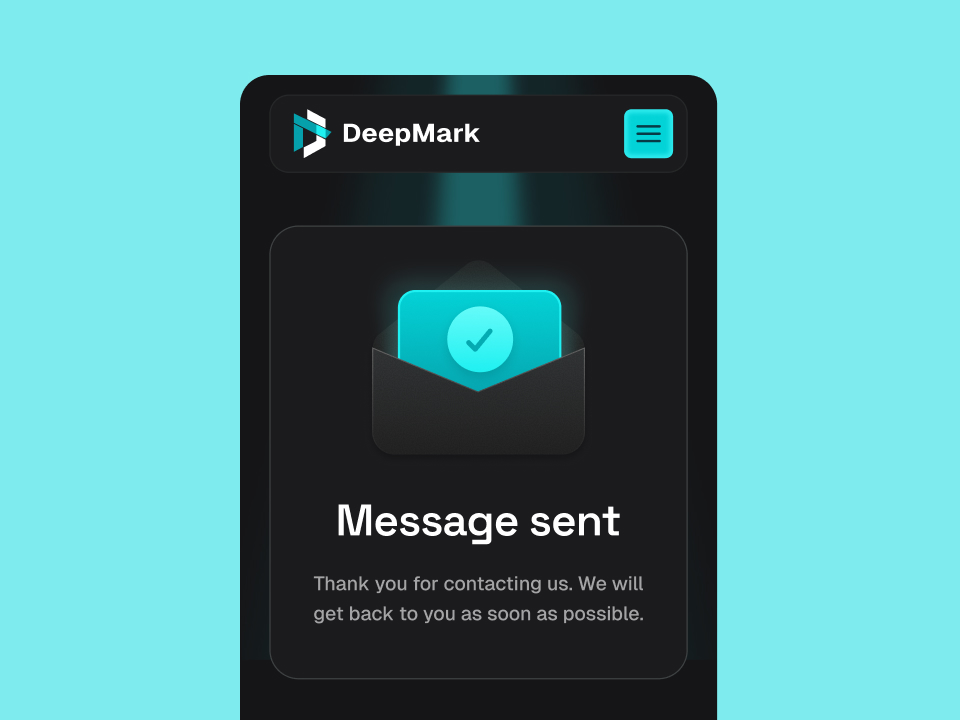 Mobile screen showing DeepMark message sent confirmation with a checkmark icon in an envelope.