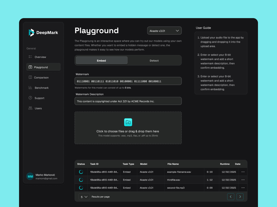 DeepMark Playground interface for embedding or detecting audio watermarks with file upload, user guide, and task list.