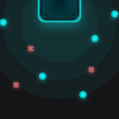 Digital radar screen with blue and red circular blips on concentric dark green rings.