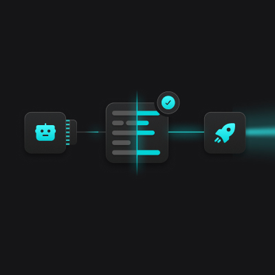 Dark interface with icons: robot head, checklist, and rocket linked by glowing lines.