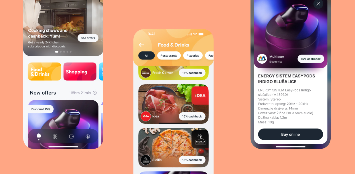 Mobile app screens showing cashback offers for food, drinks, shopping, and electronics earbuds.