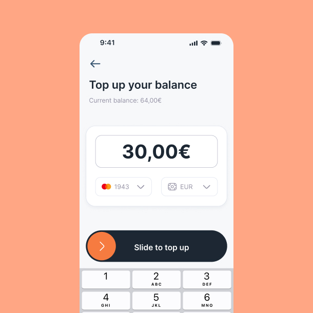 Mobile screen showing a balance top-up of 30 euros with slide button and numeric keypad.
