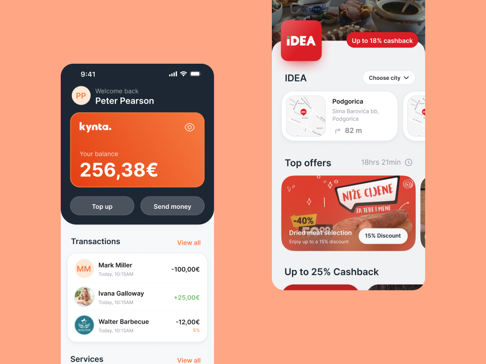 Mobile banking app screen showing balance, transactions, top offers like dried meat discounts, and cashback details.