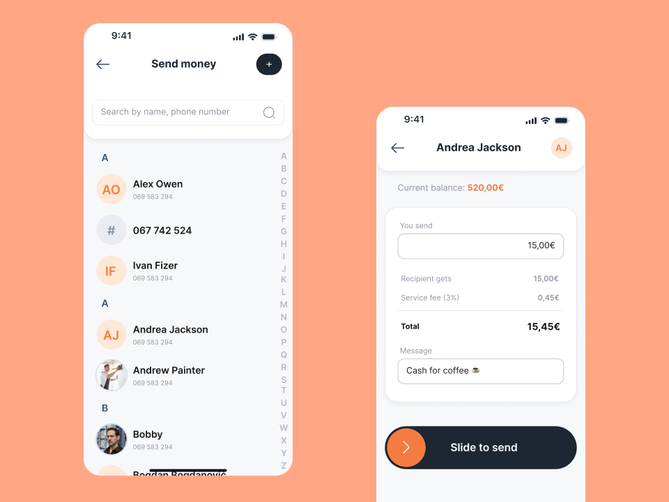 Mobile app screens showing contact list for sending money and payment details with slide to send button.