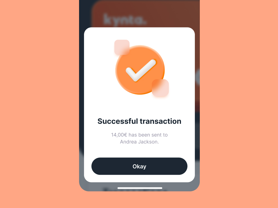 Mobile screen showing a successful transaction message with 14,00€ sent to Andrea Jackson and an Okay button.
