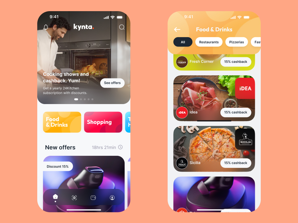 Mobile app screens showing cooking offers, food and drinks categories, and cashback deals on meals.