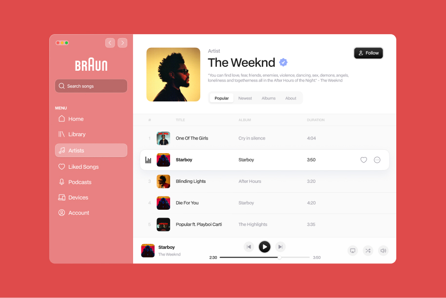 Music app interface showing The Weeknd's popular songs playlist with play controls and search menu.