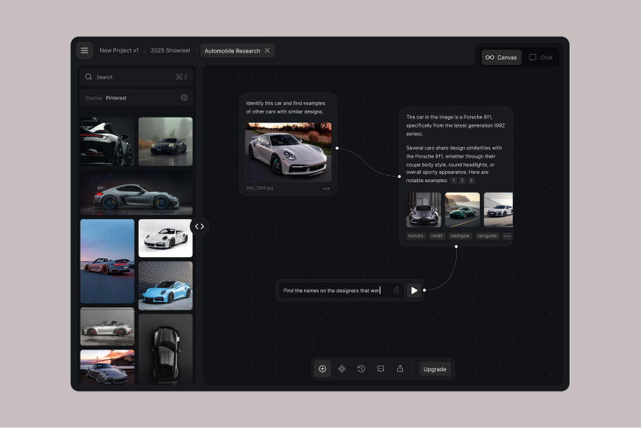Digital workspace showing automobile research with images of Porsche 911 and related car designs.