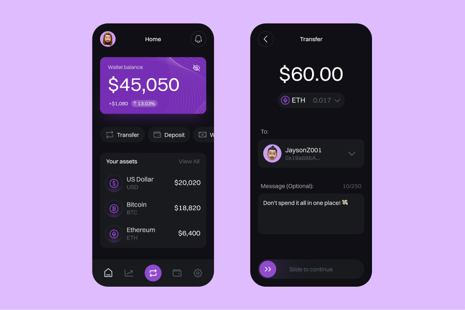 Mobile app screens showing wallet balance, assets list, and $60 Ethereum transfer to user JaysonZ001 with a message.