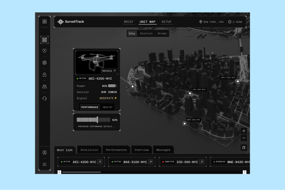 Surveillance interface showing 3D map of New York with drone status and unit details.