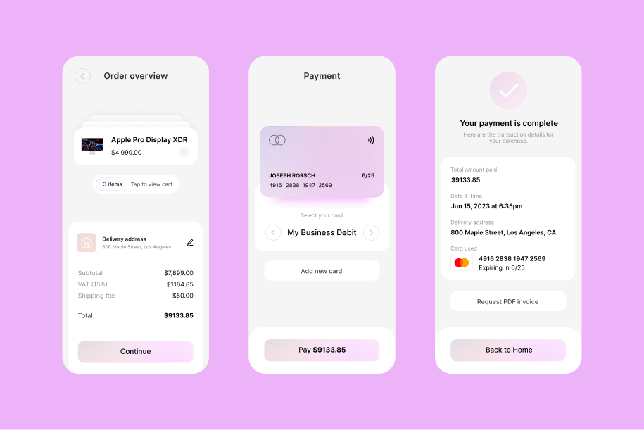 Three mobile screens showing checkout process: order overview, payment selection, and payment confirmation.