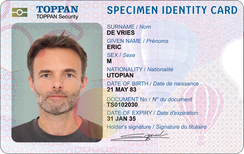 Specimen TOPPAN identity card showing sample cardholder fields and security pattern