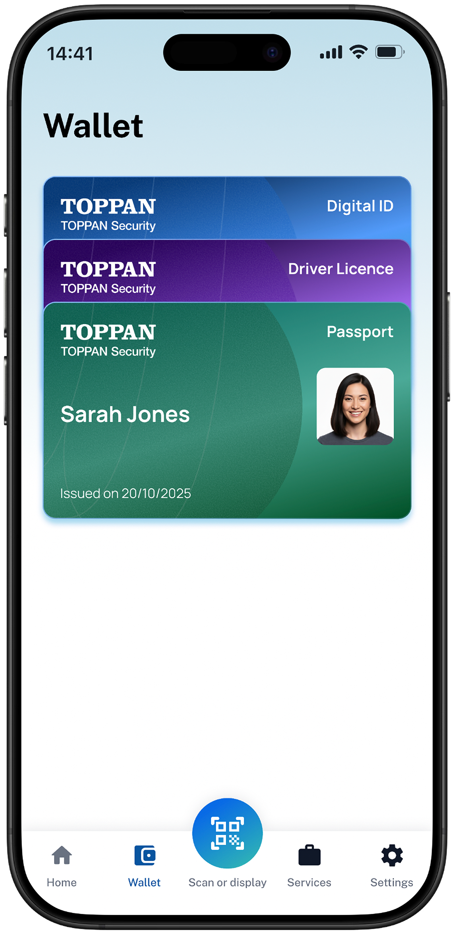 Specimen TOPPAN identity card showing sample cardholder fields and security pattern